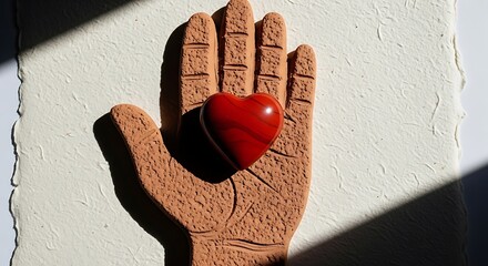 Hand shaped sculpture holding a red heart stone in sunlight