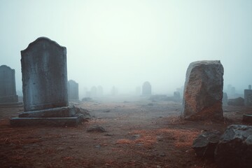 A mist-covered graveyard with twisted, leaning tombstones creates a chilling scene, ideal for spooky Halloween themes, gothic art, or exploring themes of death, memory, and supernatural mysteries