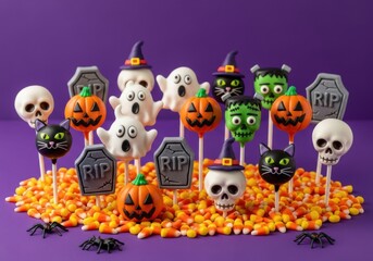 A festive collection of halloweenthemed cake pops, including spooky ghosts, grinning jackolanterns, and cute black cats, arranged on a bed of candy corn