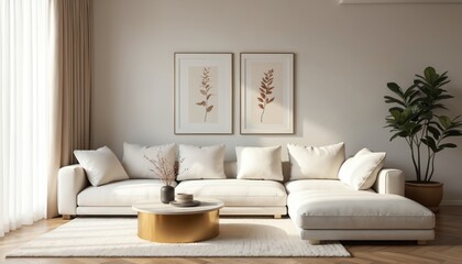 Modern living room features plush white sectional sofa complemented by minimalist botanical art, gold-accented coffee table. Natural light streams through sheer curtains, illuminating large potted