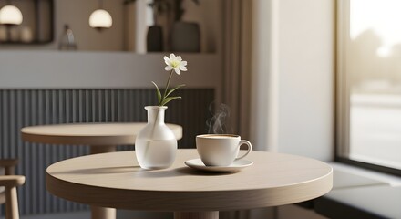Inviting coffee moment with delicate flower in soft cafe ambiance, perfect for relaxation themes