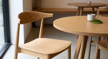 Serene cafe interior features light wood chairs and tables creating a calm, modern aesthetic for relaxation