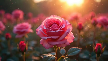 Romantic rose garden illustration displays deep red, pink blooms in soft, dreamy light. Close-up of pink rose with delicate petals, green leaves. Background shows blurred roses, sunlight, evoking
