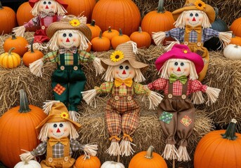 A charming group of five scarecrows dressed in plaid and overalls, surrounded by pumpkins and hay bales