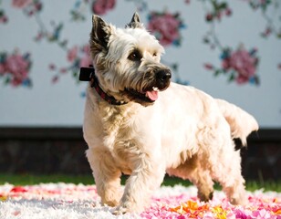 Dog on a patterned rug outdoors