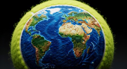 Fototapeta premium Planet earth globe superimposed on a fuzzy tennis ball
