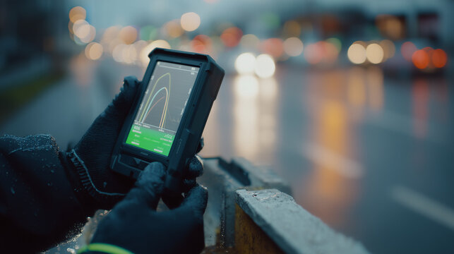 worker using digital device for data analysis on construction site 