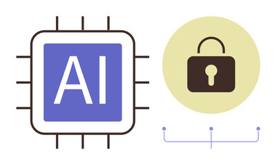 AI processor chip with secure lock icon, symbolizing data protection, cybersecurity, and AI regulation. Ideal for AI, technology, data analysis, system security, digital privacy encryption simple