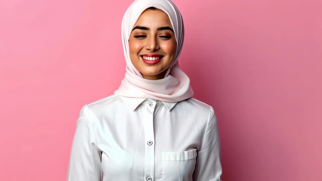 Radiant Confidence: A woman radiates serenity, her face framed by a modest headscarf. Her eyes are gently closed, and a smile hints at an inner peace. captured in a photorealistic image.