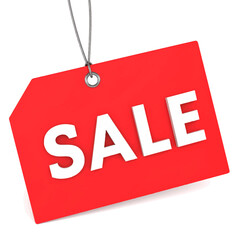A bright red rectangular sale tag with white 'SALE' text, hanging from a string against a clean white background, indicating a discount or special offer.