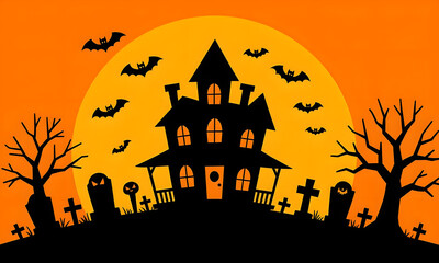 Naklejka premium Spooky Halloween Night: Haunted House, Bats, and Cemetery Illustration