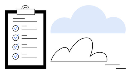 Clipboard with completed checklist and minimalistic cloud shapes. Ideal for task management, productivity, organization, planning, efficiency, workflow, cloud technology. A clean and simple flat