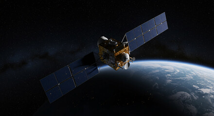 Satellite Orbiting Earth High-Tech Spacecraft in Deep Space Exploration and Research