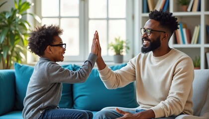 African American psychologist, happy boy give high five after successful therapy session. Pro man offers emotional support, counseling. Youth mental health, positive relationships in youth care.