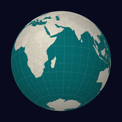 Republic of Fiji on the map. Globe centered to Fiji. Country location on the world map. Teal Pale Mint color palette. Globe with countries, meridians and parallels. Modern vector illustration.