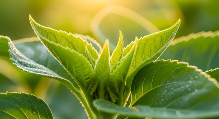 Vibrant green leaves bathed in golden sunlight, showcasing nature's delicate beauty and growth