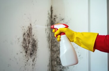 Fototapeta na wymiar Worker in yellow protective glove sprays cleaning solution onto moldy wall. Closeup view of hand applying cleaner to remove fungal growth, mildew, spores. Home hygiene, health essential for clean