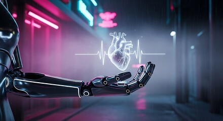 Fototapeta premium Robotic hand holding a glowing holographic human heart in a futuristic neon city
