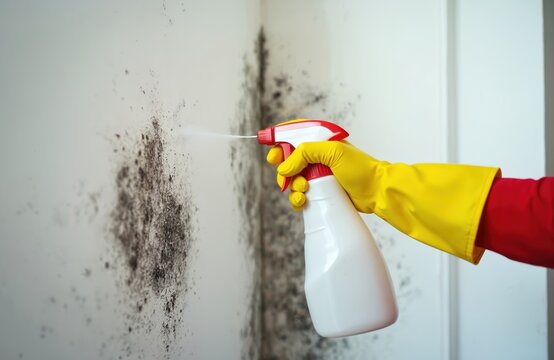 Worker in yellow protective glove sprays cleaning solution onto moldy wall. Closeup view of hand applying cleaner to remove fungal growth, mildew, spores. Home hygiene, health essential for clean