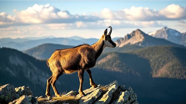 A chamois stands on a rocky mountain peak with layered mountains  sky in the background