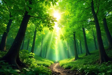 Obraz premium Lush green forest canopy, sunlight dappling through leaves, creating a vibrant and peaceful scene Perfect for nature, ecology, and environmental themes , wallpaper, ecosystem