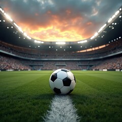 Black and white soccer ball on centerline of green soccer field. Stadium packed with spectators under dramatic sunset sky with stadium lights. Captures competitive sport event, game or match.