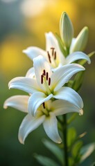 Fototapeta premium Macro closeup of pristine white lily blossoms. Soft natural sunlight illuminates delicate petals and prominent stamens. Out-of-focus green and yellow bokeh background. Elegant floral composition.
