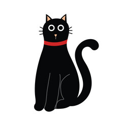 Black cat with red collar sitting calmly. Elegant domestic pet illustration. Cute feline character isolated on white background.