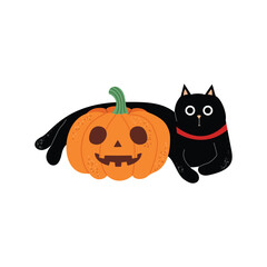 Black cat with pumpkin jack o’lantern. Cute spooky composition for Halloween holiday in flat vector style isolated on white.