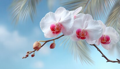 Fototapeta na wymiar Delicate white orchids against a light blue sky with palm leaves