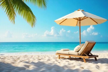 Relaxing beach scene featuring a stylish umbrella and comfortable beach chair, perfect for a sunny day Ideal for travel, vacation, and summer themes , leisure, summer