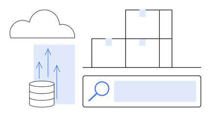Cloud connecting with data storage, upward arrow flow, stacked boxes, search bar. Ideal for logistics, storage management, cloud computing, database, e-commerce inventory simple landing page