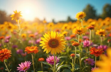 Obraz premium Field of vibrant sunflowers, colorful wildflowers bathed in golden sunlight. Numerous blossoms create picturesque floral meadow scene with bright orange, pink blooms scattered among yellow flowers.