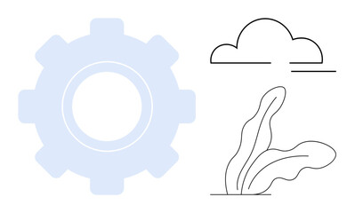 Gear symbolizing technology paired with a plant and cloud, representing harmony between progress and the environment. Ideal for sustainability, innovation, environment, eco-friendly, development