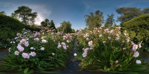 Obraz premium Blooming peony garden serene landscape photography nature panoramic view tranquility and beauty