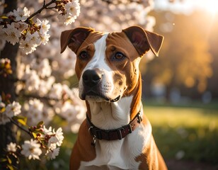 Dog portrait in spring blossoms