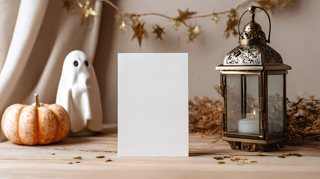 Halloween decoration, ghost, pumpkin, and lantern, autumnal home decor, spooky seasonal setup