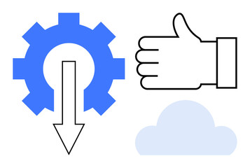 Blue gear with downward arrow, thumbs-up icon, and cloud. Ideal for teamwork, optimization, data storage, collaboration, cloud technology, digital processes simple landing page