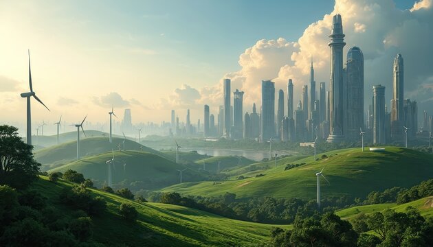 Futuristic cityscape integrates wind turbines, skyscrapers, sustainable urban future. Green hills with renewable energy sources surround modern city, clean energy, efficiency for better tomorrow. - Powered by Adobe