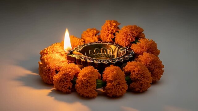 Diwali Celebration Still Life with Golden Oil Lamp Surrounded by Orange Marigolds on a Light Grey Background