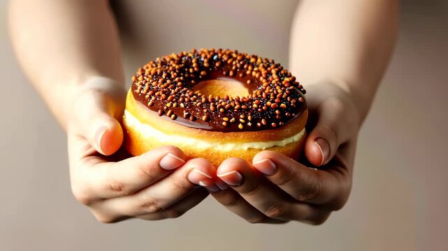 Delightful Doughnut: A close-up shot showcases a delectable, ring-shaped doughnut, generously glazed with rich chocolate and speckled with delightful toppings.