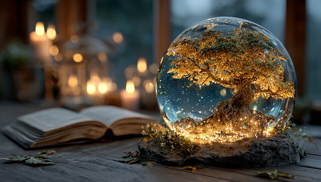 Enchanting crystal ball with glowing tree and cozy ambiance