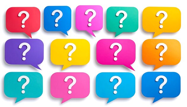 Colorful question mark speech bubbles arranged in a grid