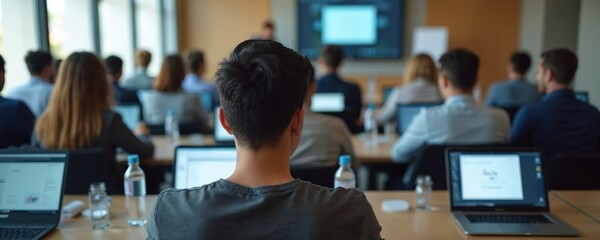 Employees attend cybersecurity workshop focused on data protection, network security. Attendees learn about safeguarding digital information, online threats in modern training setting with laptops,