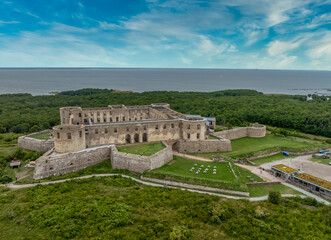 Aerial view of ruined Borgholm castle with round towers, star fort bastions on the the island of...