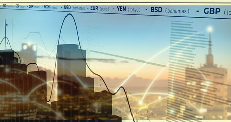 Showing city skyline over water at dusk with currency ticker, line chart and network arc overlays