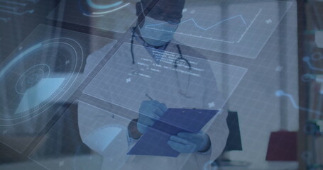 Doctor wearing lab coat mask and stethoscope holding clipboard analyzing holographic charts in room