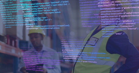 Inspecting warehouse worker in safety gear scanning code overlay on tablet at racks, copy space © vectorfusionart