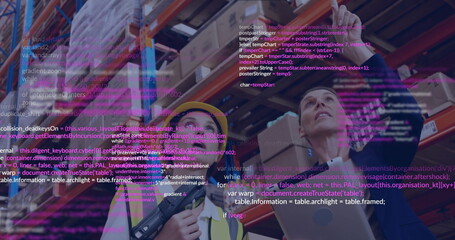 Inspecting boxes warehouse staff wearing helmets and vests using tablet under code overlay