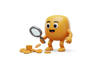 Cartoon Character Inspecting Coins with Magnifier